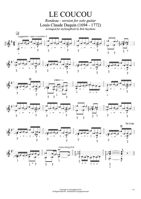 Le coucou (rondeau) Louis Claude Daquin guitar pro tab Guitar Guitarra solo mysongbook