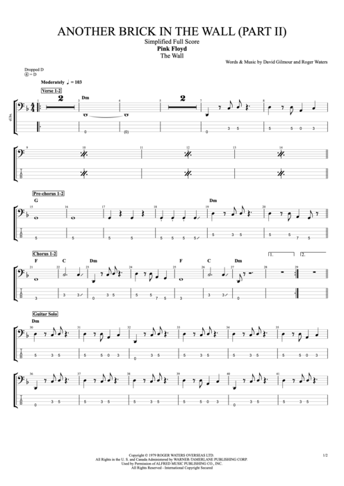 Another Brick in the Wall (Part 2) Pink Floyd guitar pro tab EBass Compacted Full Score mysongbook