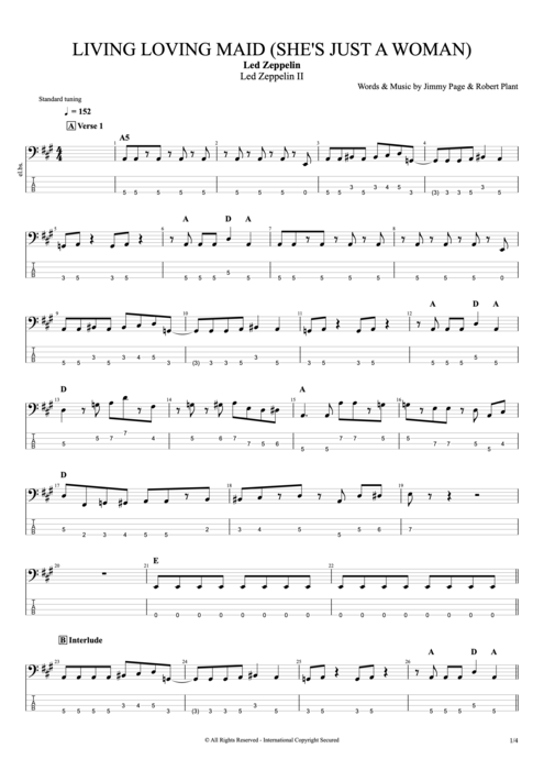 Living Loving Maid (She's Just a Woman) Led Zeppelin guitar pro tab EBass Full Score mysongbook
