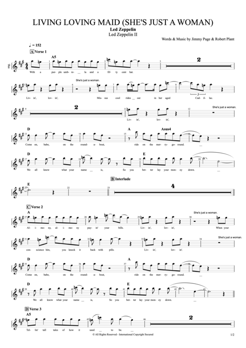 Living Loving Maid (She's Just a Woman) Led Zeppelin guitar pro tab Vocals Full Score mysongbook