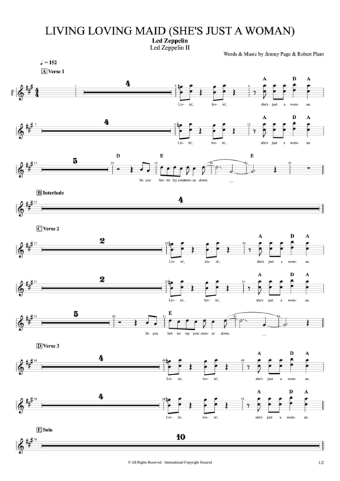 Living Loving Maid (She's Just a Woman) Led Zeppelin guitar pro tab BackVoc Full Score mysongbook