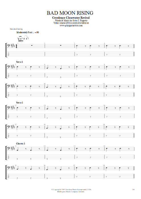 Bad Moon Rising Tab By Creedence Clearwater Revival Guitar Pro Bass 