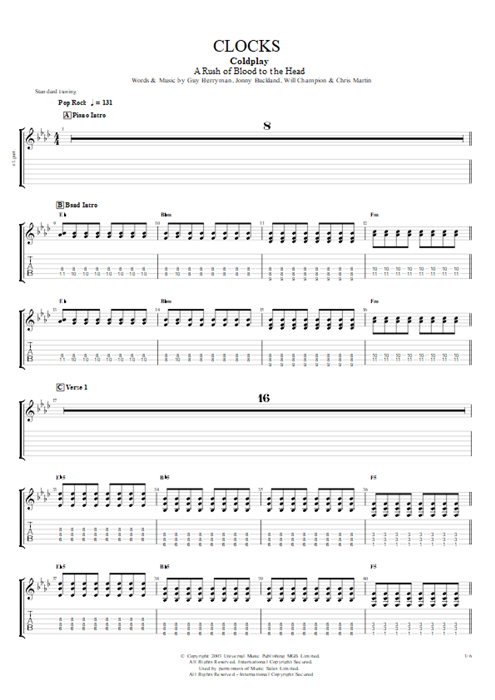 Clocks Coldplay Clocks Tab By Coldplay Guitar Pro Guitar