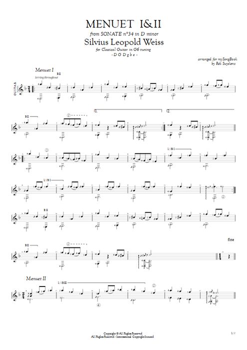 Sonate n°34 in D-moll Menuet I & II Silvius Leopold Weiss guitar pro tab Guitar Solo Guitar mysongbook