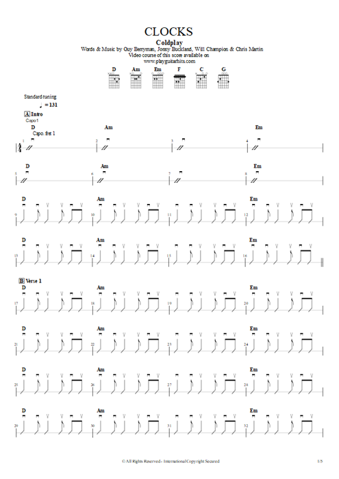Tablature Clocks De Coldplay Guitar Pro Guitar MySongBook
