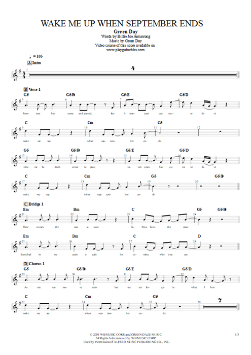 Wake Me Up When September Ends Tab By Green Day Guitar Pro Guitar 
