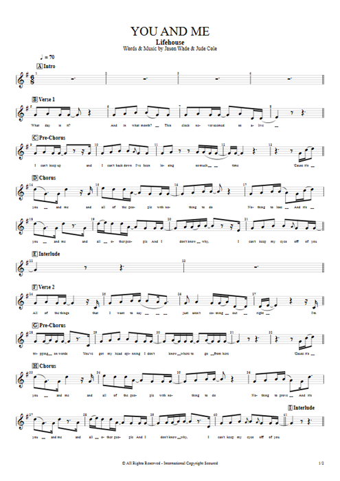 You and Me Lifehouse guitar pro tab Vocals Guitare par Play Guitar Hits mysongbook