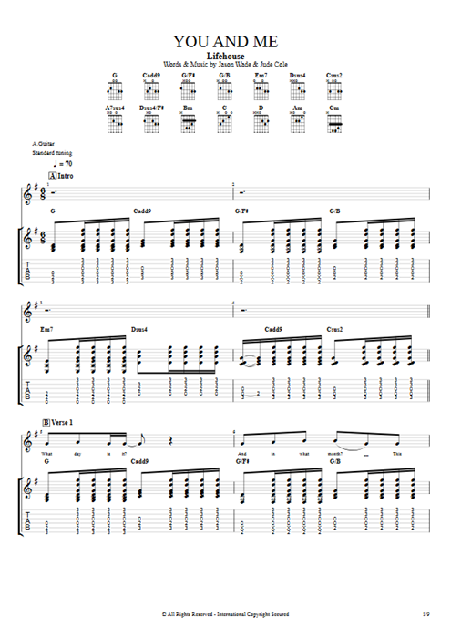 You and Me Lifehouse guitar pro tab Full Score Guitare par Play Guitar Hits mysongbook