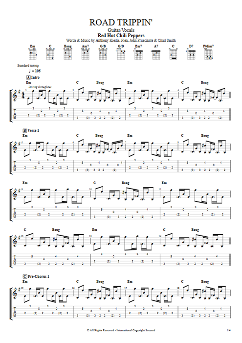 Road Trippin' Red Hot Chili Peppers guitar pro tab AGuitar Guitar & Vocals mysongbook