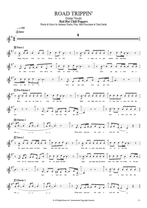 Road Trippin' Red Hot Chili Peppers guitar pro tab Vocals Guitar & Vocals mysongbook