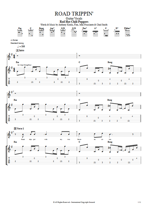 Road Trippin' Red Hot Chili Peppers guitar pro tab Full Score Guitar & Vocals mysongbook