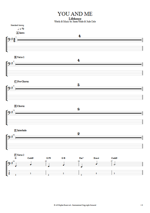 You and Me Lifehouse guitar pro tab EBass Bass by Play Guitar Hits mysongbook