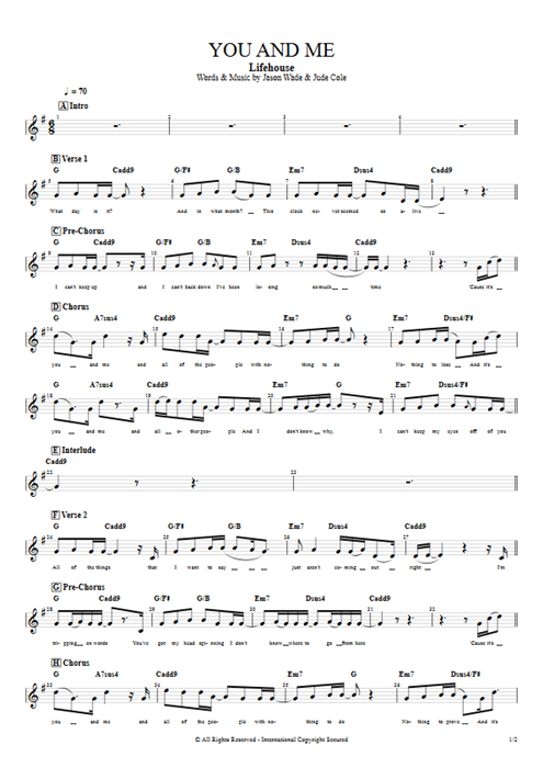 You and Me Lifehouse guitar pro tab Vocals Bass by Play Guitar Hits mysongbook