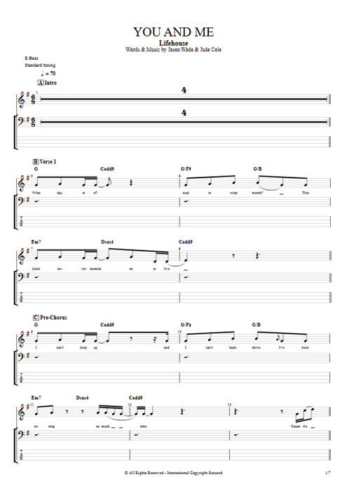 You and Me Lifehouse guitar pro tab Full Score Bass by Play Guitar Hits mysongbook