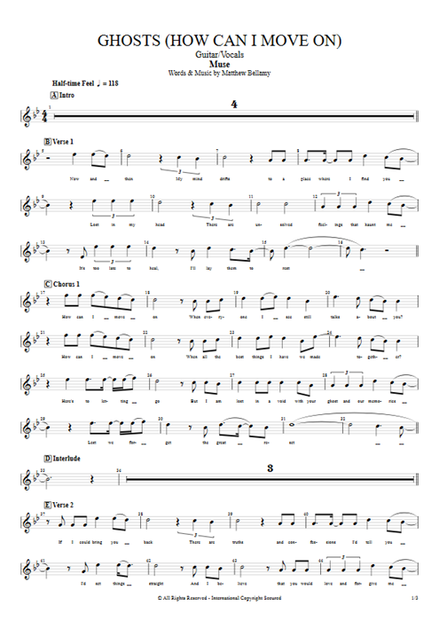 Ghosts (How Can I Move on) Muse guitar pro tab Vocals Guitar & Vocals mysongbook