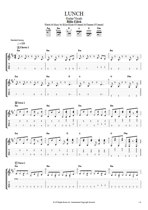 Lunch Billie Eilish guitar pro tab AGuitar Guitar & Vocals mysongbook