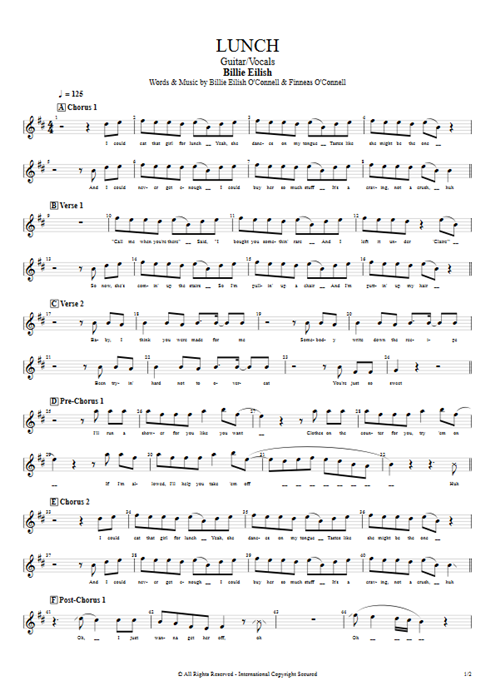Lunch Billie Eilish guitar pro tab Vocals Guitar & Vocals mysongbook
