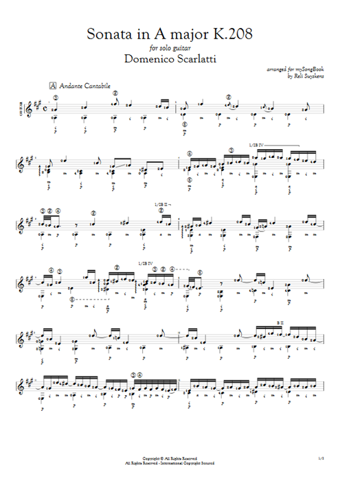Sonata in A Major K.208 Domenico Scarlatti guitar pro tab AGuitar Guitare seule mysongbook