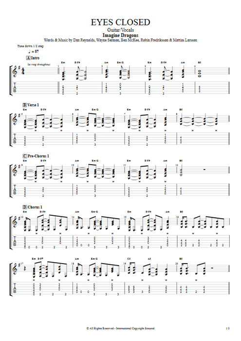 Eyes Closed Imagine Dragons guitar pro tab AGuitar Guitarra y voz mysongbook