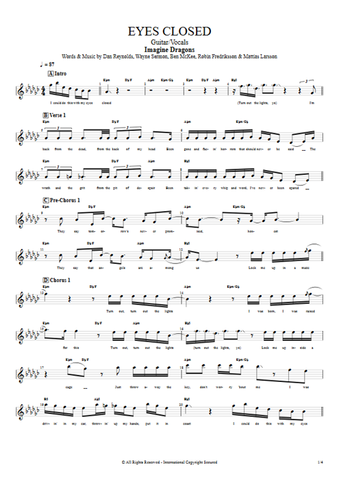 Eyes Closed Imagine Dragons guitar pro tab Vocals Guitarra y voz mysongbook