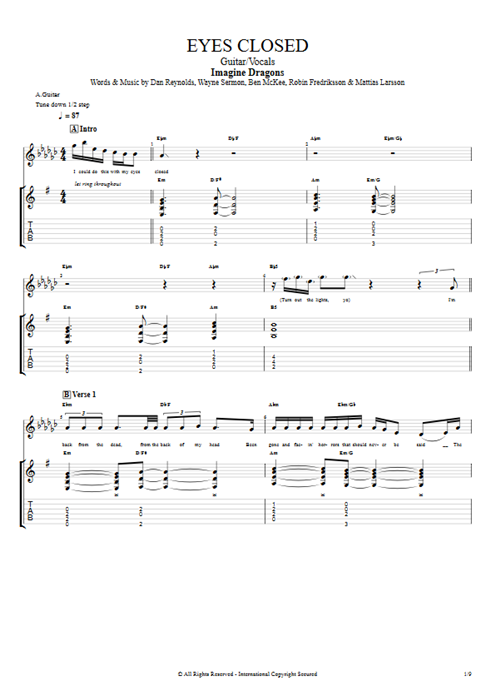 Eyes Closed Imagine Dragons guitar pro tab Full Score Guitarra y voz mysongbook