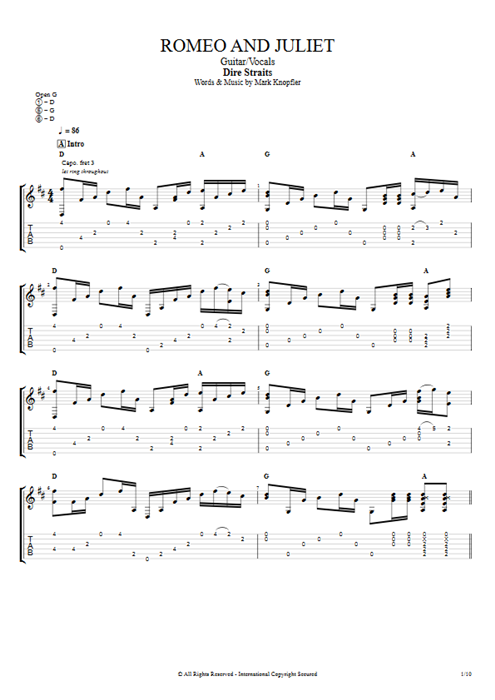 Romeo and Juliet Dire Straits guitar pro tab AGuitar Guitare et voix mysongbook