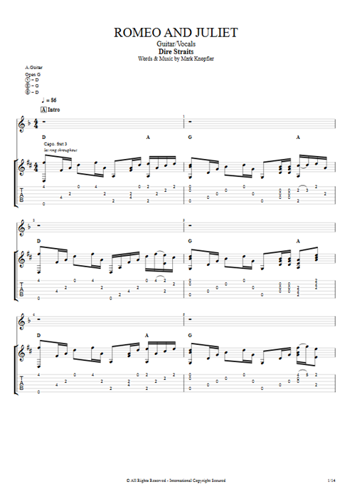 Romeo and Juliet Dire Straits guitar pro tab Full Score Guitare et voix mysongbook