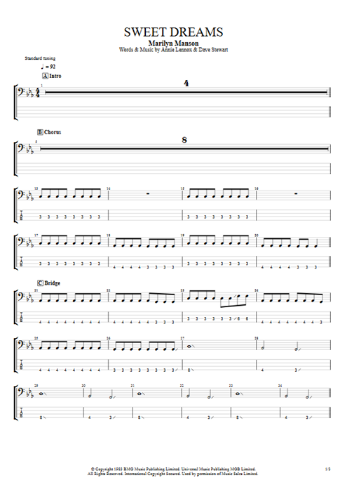 Sweet Dreams Marilyn Manson guitar pro tab EBass Bass by Play Guitar Hits mysongbook