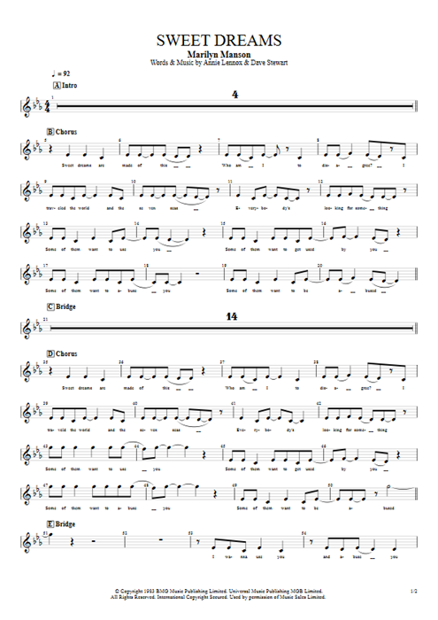 Sweet Dreams Marilyn Manson guitar pro tab Vocals Bass by Play Guitar Hits mysongbook