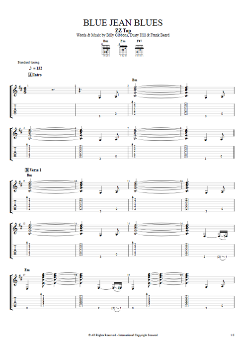 Blue Jean Blues ZZ Top guitar pro tab EGuitar Rhythm Guitar by Play Guitar Hits mysongbook