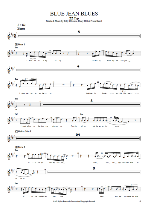 Blue Jean Blues ZZ Top guitar pro tab Vocals Rhythm Guitar by Play Guitar Hits mysongbook