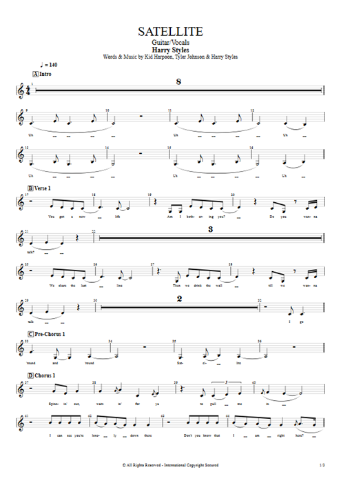 Satellite Harry Styles guitar pro tab Vocals Guitare et voix mysongbook