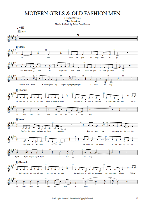 Modern Girls & Old Fashion Men The Strokes guitar pro tab VocalsI Guitare et voix mysongbook