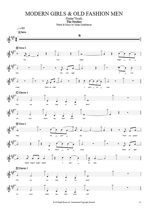 Modern Girls & Old Fashion Men The Strokes guitar pro tab VocalsII Guitare et voix mysongbook