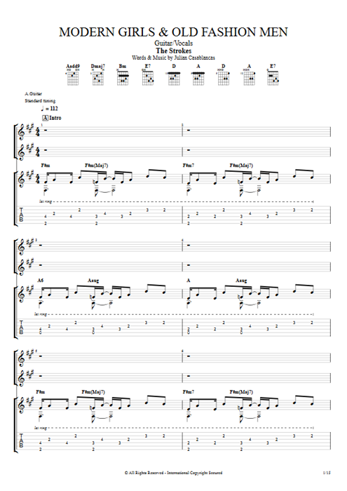 Modern Girls & Old Fashion Men The Strokes guitar pro tab Full Score Guitare et voix mysongbook
