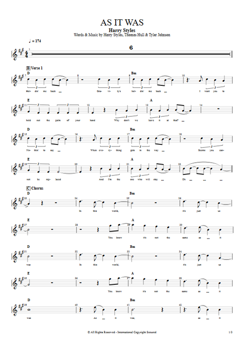 As It Was Harry Styles guitar pro tab Vocals Guitar mysongbook