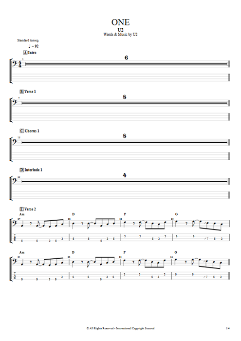 One U2 guitar pro tab EBass Bass mysongbook