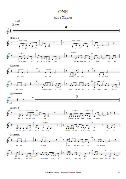 One U2 guitar pro tab Vocals Bass mysongbook