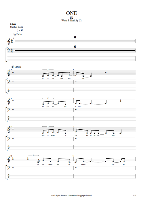 One U2 guitar pro tab Full Score Bass mysongbook