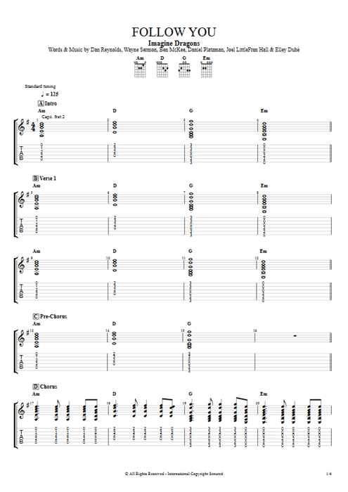 Follow You Imagine Dragons guitar pro tab AGuitar Guitar mysongbook