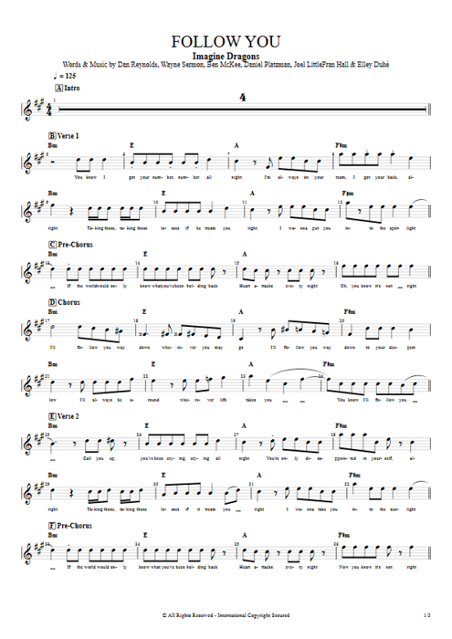 Follow You Imagine Dragons guitar pro tab Vocals Guitar mysongbook