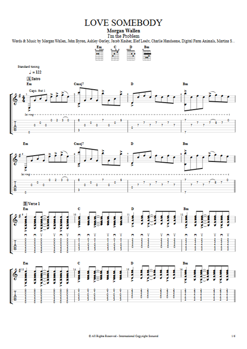 Love Somebody Morgan Wallen guitar pro tab AGuitar Guitar & Vocals mysongbook