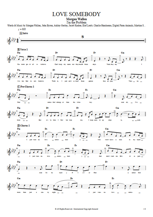 Love Somebody Morgan Wallen guitar pro tab Vocals Guitar & Vocals mysongbook