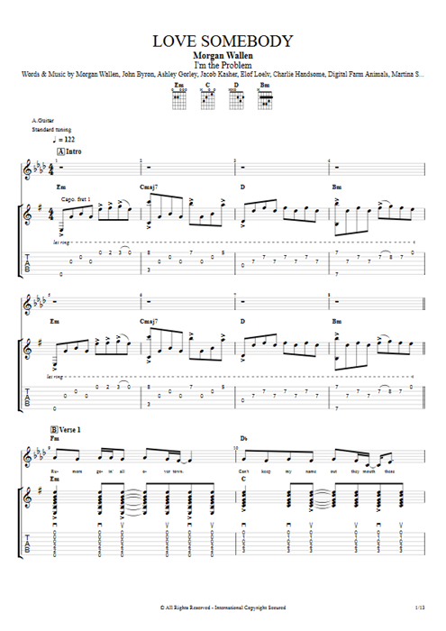 Love Somebody Morgan Wallen guitar pro tab Full Score Guitar & Vocals mysongbook