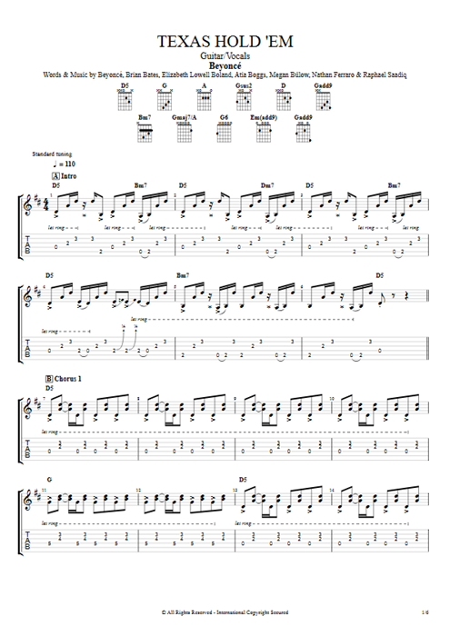 Texas Hold 'Em Beyoncé guitar pro tab AGuitar Guitare et voix mysongbook