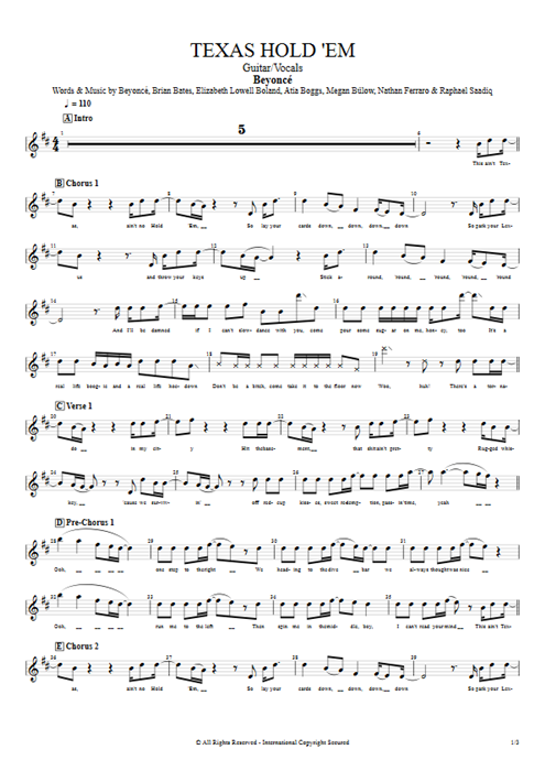 Texas Hold 'Em Beyoncé guitar pro tab Vocals Guitare et voix mysongbook