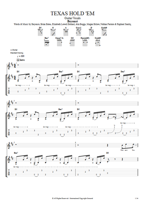 Texas Hold 'Em Beyoncé guitar pro tab Full Score Guitare et voix mysongbook