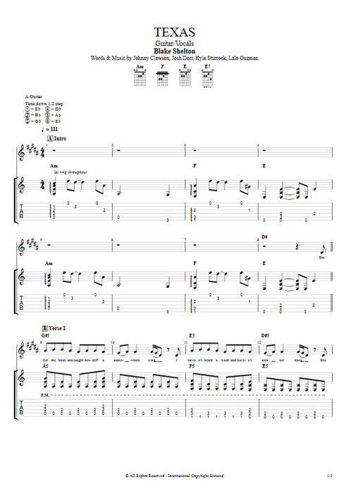 Texas Blake Shelton guitar pro tab Full Score Guitar & Vocals mysongbook