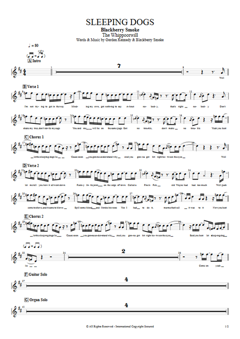 Sleeping Dogs Blackberry Smoke guitar pro tab Vocals Full Score mysongbook