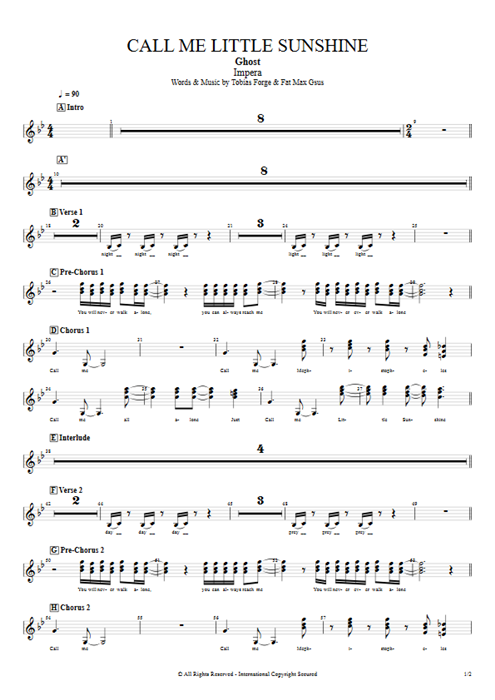 Call Me Little Sunshine Ghost guitar pro tab BackVoc Full Score mysongbook